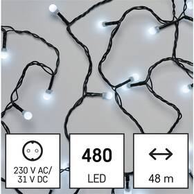 LED reťaz EMOS 480LED cherry reťaz - guličky, 48 m, vonkajšia aj vnútorná, studená biela, programy, časovač 

