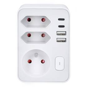 Rozbočovacia zásuvka Solight 1x 16A + 2x 2,5A, 2xUSB A+C rýchlonabíjačka 20W PD, vypínač biela

