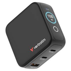 Cestovný adaptér Verbatim Mini GaN LCD, 2x USB-C PD 100 W, 1x USB-A QC 3.0, černá čierny

