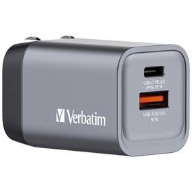 Cestovný adaptér Verbatim GNC-35 GaN 35W, 1x USB-C PD 35W, 1x USB-A QC 3.0 strieborný

