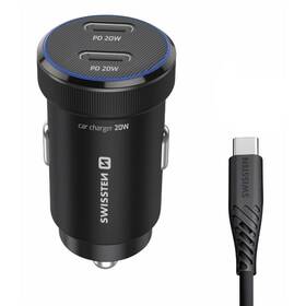 Adaptér do auta Swissten 2x USB-C PD, 20W + USB-C kábel 1m čierny

