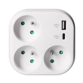 Rozbočovacia zásuvka Solight 3x16A, USB A+C rychlonabíječka 20W biela

