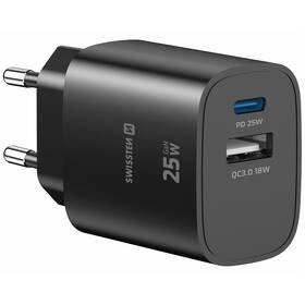 Nabíjačka do siete Swissten EDGE GaN 1x USB-C PD 25W/1x USB-A 18W QC čierna

