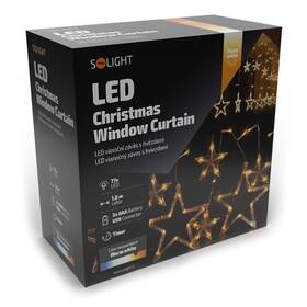 Vianočné osvetlenie Solight záves - hviezdy, šírka 1,8m, 77LED, IP20, 3xAA, USB 

