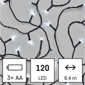 Vianočné osvetlenie EMOS 120 LED reťaz, 8,4 m, 3x AA, vonkajšie aj vnútorné, studená biela, časovač 

