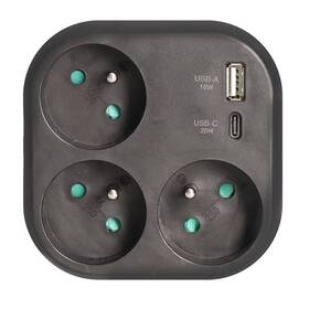 Rozbočovacia zásuvka Solight 3x16A, USB A+C rychlonabíječka 20W čierna

