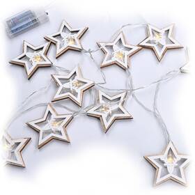 Vianočné osvetlenie Solight reťaz - hviezdy, 10x LED, drevo, 1,5m, 2x AA 

