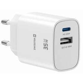 Nabíjačka do siete Swissten EDGE GaN 1x USB-C PD 35W/1x USB-A 18W QC biela

