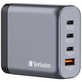 Cestovný adaptér Verbatim GNC-140 GaN, 140W, 3x USB-C PD, 1x USB QC sivý

