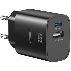 Nabíjačka do siete Swissten EDGE GaN 1x USB-C PD 20W/1x USB-A 18W QC čierna

