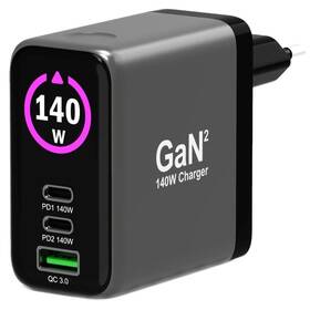 Nabíjačka do siete PORT CONNECT GaN2 140W, OLED displej, 2x USB-C PD 3.1 a USB-A QC 3.0 čierny

