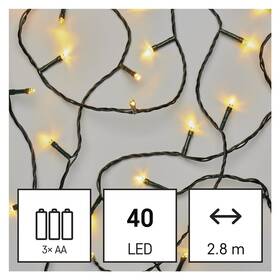 Vianočné osvetlenie EMOS 40 LED reťaz, 2,8 m, 3x AA, vonkajšia aj vnútorná, teplá biela, časovač 

