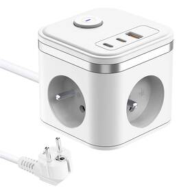 Kábel predlžovací Viking YC33W, 3x zásuvka, 1x USB-A, 2x USB-C, vypínač, 1,4 m biely

