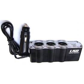 Adaptér do auta WG 3x 12V + USB s predĺžením čierny

