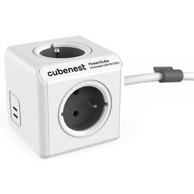 Kábel predlžovací Cubenest PowerCube Extended USB PD 35W, 2x USB-C, 4x zásuvka, 1,5m sivý/biely

