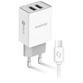 Nabíjačka do siete Aligator 2,4A, 2xUSB, smart IC, USB-C kábel biela

