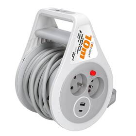 Kábel predlžovací na bubne Solight 2 zásuvky, USB A + C, 10m, 3x 1,0mm2 sivý/biely

