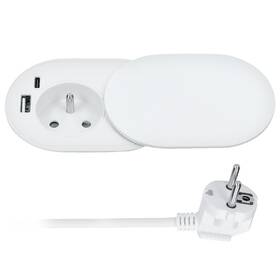 Kábel predlžovací Solight 1x zásuvka, USB A + C 20W, posuvné viečko, 2 m biely

