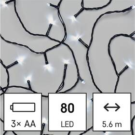 Vianočné osvetlenie EMOS 80 LED reťaz, 5,6 m, 3x AA, vonkajšie aj vnútorné, studená biela, časovač 


