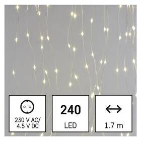 Vianočné osvetlenie EMOS 240 LED drop řetěz – záclona, 1,7x2 m, venkovní i vnitřní, teplá bílá, programy 

