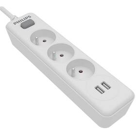 Kábel predlžovací Philips 3x zásuvka + 2x USB-A, s vypínačom, 2 m biely

