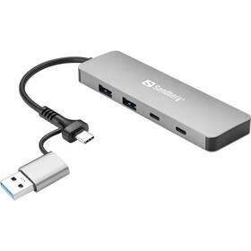 USB Hub Sandberg USB-C/A, 2× USB-A + 2× USB-C strieborný


