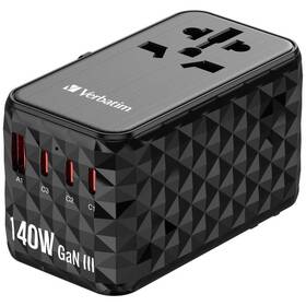 Cestovný adaptér Verbatim UTA-10 GaN III, 140W, 3x USB-C, 1xUSB čierny

