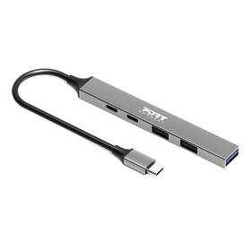 USB Hub PORT CONNECT USB-C, 4× USB + 1× USB-C 100W PD strieborný


