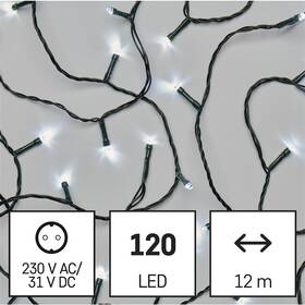 LED reťaz EMOS 120LED reťaz, 12 m, vonkajšia aj vnútorná, studená biela, programy, časovač 

