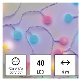 Vianočné osvetlenie EMOS 40 LED cherry reťaz - guličky 2,5 cm, 4 m, vonkajšie aj vnútorné, multicolor, časovač 

