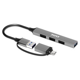 USB Hub PORT CONNECT USB-A/USB-C, 1x USB 3.0 + 3x USB 2.0 strieborný

