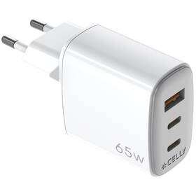 Nabíjačka do siete Celly 2x USB-C/USB-A, GaN, 65 W biela

