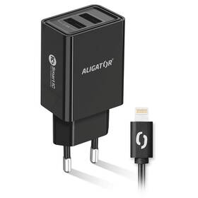 Nabíjačka do siete Aligator 2,4A, 2xUSB, smart IC, USB kábel pre Apple čierna

