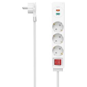 Kábel predlžovací Hama 3x zásuvka schuko, 1x USB, 1xUSB-C, vypínač, 1,4 m biely

