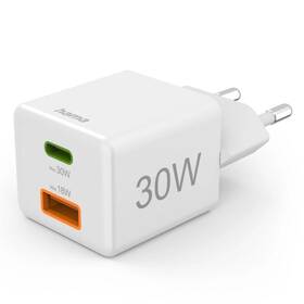 Nabíjačka do siete Hama USB-C + USB-A, PD/QC, 30 W biela

