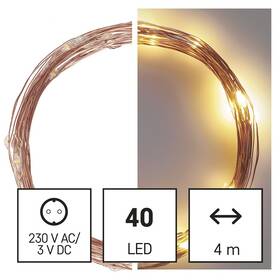 Vianočné osvetlenie EMOS 40 LED nano reťaz medená, 4 m, vonkajšia aj vnútorná, teplá biela, časovač 

