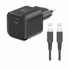 Nabíjačka do siete Swissten GAN 1x USB-C 35W PD + Dátový kábel USB-C/USB-C 1,2 M čierna

