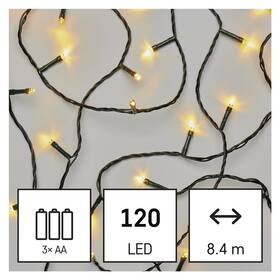 Vianočné osvetlenie EMOS 120 LED reťaz, 8,4 m, 3x AA, vonkajšia aj vnútorná, teplá biela, časovač 
