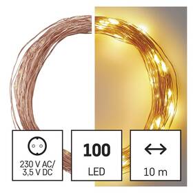 Vianočné osvetlenie EMOS 100 LED nano reťaz medená, 10 m, vonkajšia aj vnútorná, teplá biela, časovač 
