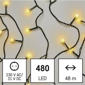 LED reťaz EMOS 480LED cherry reťaz - guličky, 48 m, vonkajšia aj vnútorná, teplá biela, programy, časovač 


