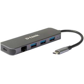 USB Hub D-Link 5v1 z USB-C na Gigabit Ethernet a funkciou Power Delivery sivý

