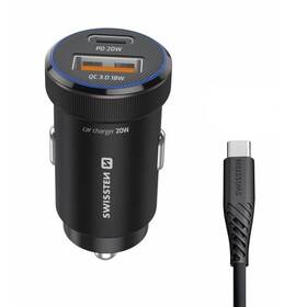 Adaptér do auta Swissten USB-C PD + USB-A, 20W + USB-C kábel 1m čierny

