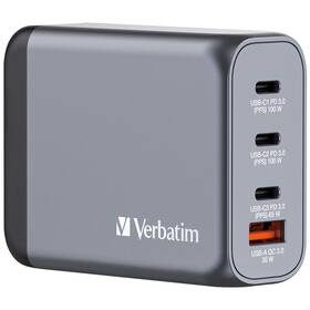 Cestovný adaptér Verbatim GNC-100 GaN 100W, 3x USB-C PD 100/65W, 1x USB-A QC 3.0 strieborný

