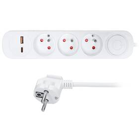 Kábel predlžovací Solight 3 zásuvky, USB A + C 20W PD, vypínač, 3 x 1mm2, 5 m biely

