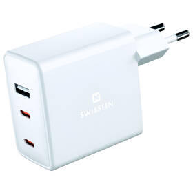 Nabíjačka do siete Swissten GaN 70W, 2x USB-C, 1x USB biela


