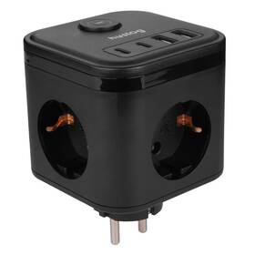 Rozbočovacia zásuvka Huslog 15W 3xzásuvka, 2xUSB-C, 2xUSB, 1x vypínač čierny

