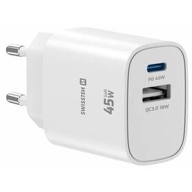 Nabíjačka do siete Swissten EDGE GaN 1x USB-C PD 45W/1x USB-A 18W QC biela

