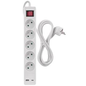 Kábel predlžovací EMOS 5x zásuvka, 1×USB-A + 1×USB-C vypínač, 3m biely

