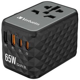 Cestovný adaptér Verbatim UTA-05 GaN III, 2x USB-C PD 65W & QC 4+, 2x USB-A čierny

