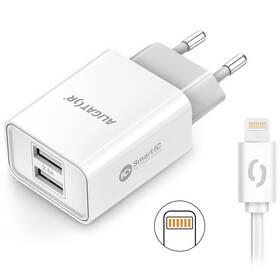 Nabíjačka do siete Aligator 2,4A, 2xUSB, smart IC, USB kábel pre Apple biela

